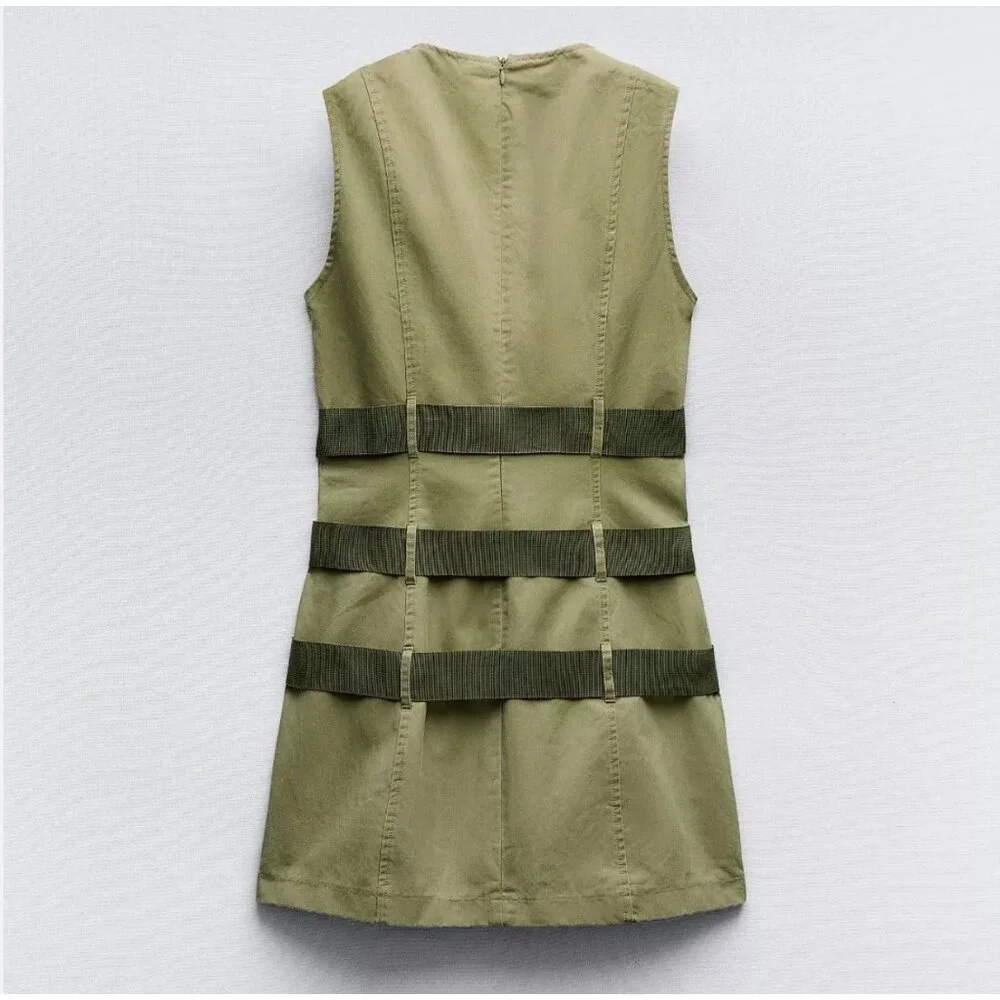 Zara Short Waxed Dress With Belts Cargo Military Green S 5427/301 New - Picture 12 of 12